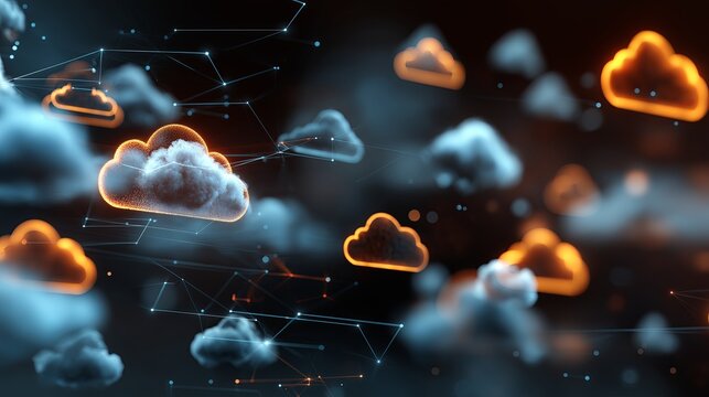 Cloud computing for business with glowing cloud icons and tech overlays