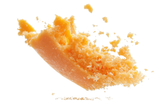 Grated cheddar cheese floating in mid air with vibrant color isolated on a clean white background