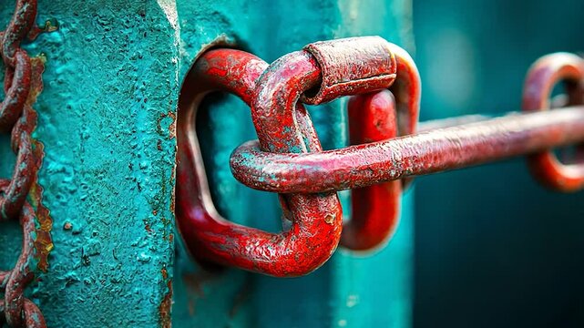 Close-up of a rusty red chain link securing a teal metal gate with vibrant textures
