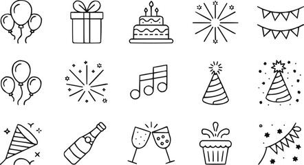  party line editable icons, festive outline vector