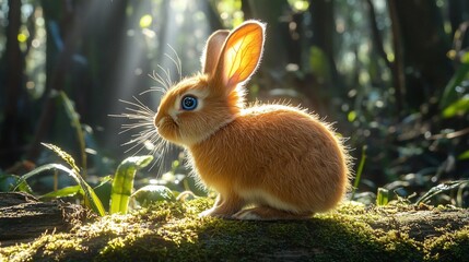 Fototapeta premium A curious orange bunny sitting on a mossy log in sunlit forest woodland
