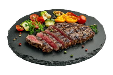 Tender grilled beef steaks with mixed vegetables and fresh herbs neatly isolated on a white background