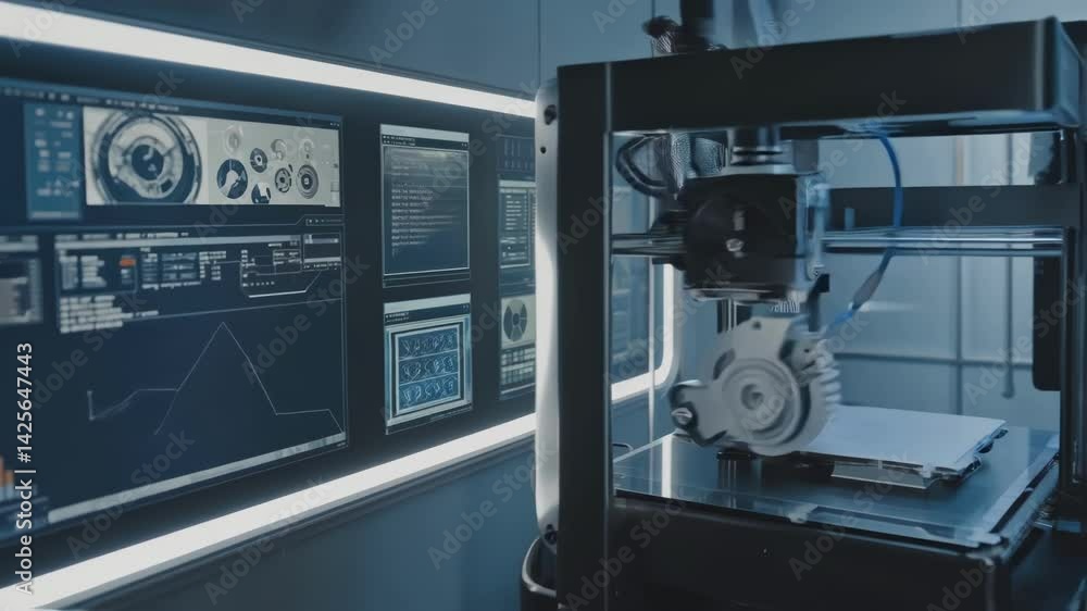 Poster modern 3d printer creating a gear in a laboratory, with computer monitors displaying technical data 