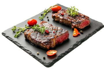 Tasty grilled beef steaks with a side of fresh vegetables and garnishes isolated on white background