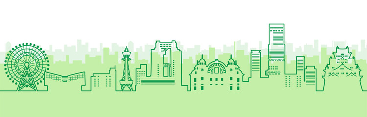 Fototapeta premium 高層ビルと城のある日本の街並みのイラスト、大阪（線画）