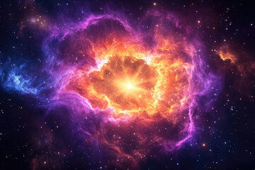 A vibrant nebula with a bright core, showcasing cosmic colors and stellar energy.