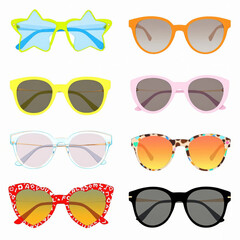 A collection of sunglasses with different colors and designs