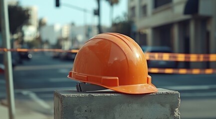 Construction safety helmet on a curb