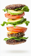 Flying vegan burger with quinoa patties, avocado and tomato