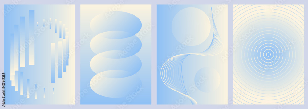 Poster Abstract Gradient Cover Background Set in Soft Blue and Cream colors. Minimalist vector design with circle, wave line, vibrant perspective for poster, music, flyer, social media, mobile, template