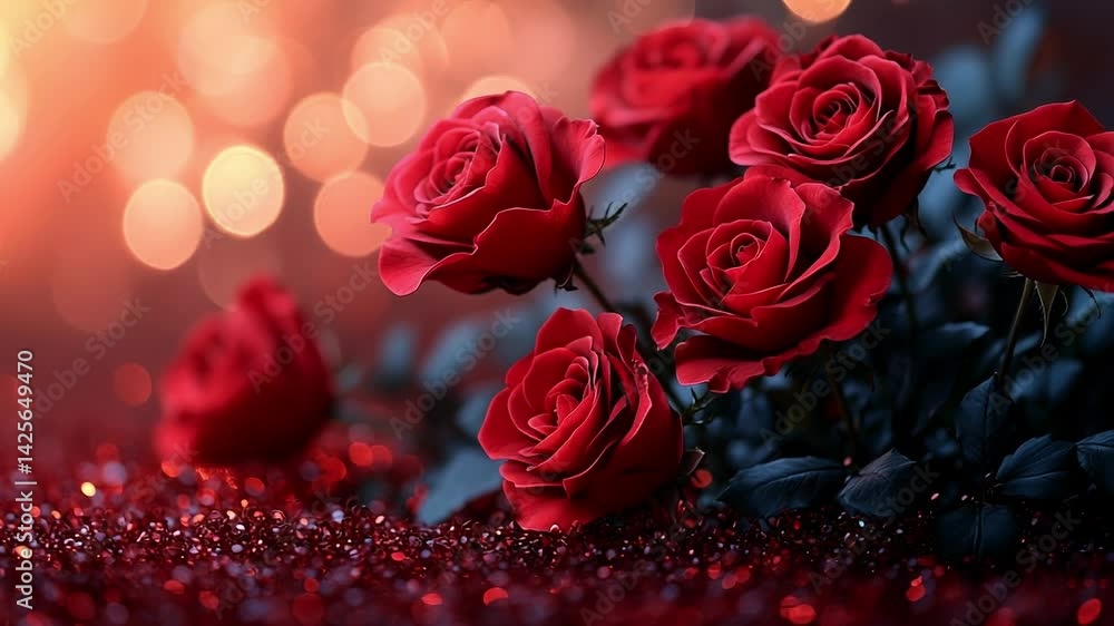 Poster red roses on a sparkly backdrop. red roses arranged elegantly against a shimmering backdrop create a