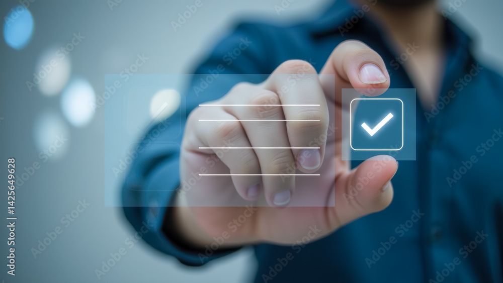 Poster man's hand touching digital checkmark interface for approval concept in modern technology visual wit