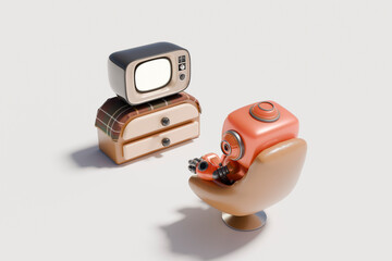3D rendering of a robot watching a retro television in a vintage armchair