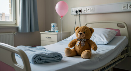 Teddy bear with pink balloon on hospital bed. Plush bear toy and balloon in bright hospital room. Get well soon wishes, child patient care, hope and recovery.