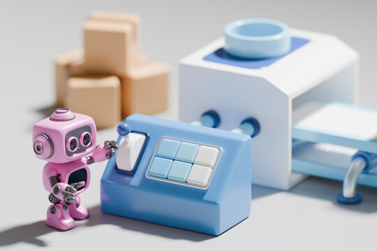 3D rendering of a small robot interacting with a control panel in a logistics setting