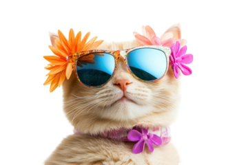 Smiling kitty cat with cool sunglasses looking playful isolated on a smooth white background