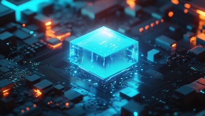 Glowing cube on a circuit board abstract technology concept with blue and orange lights.
