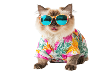 Happy cat with sunglasses and a big smile captured isolated on a bright white background