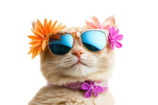 Smiling kitty cat with cool sunglasses looking playful isolated on a smooth white background