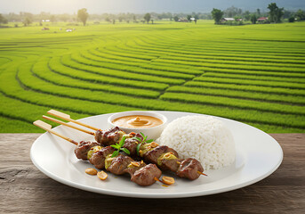 Indonesian Satay on Plate with Rice Paddy Scenery