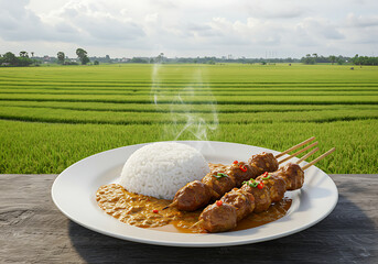 Satay in Nature: Serving Sate Ayam with Rice Field Background