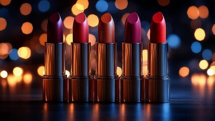 Bright lipsticks with lights. Five vibrant lipsticks in shades glow against twinkling lights in a charming evening setting.