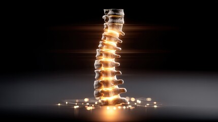 Close-up view of a transparent spine with glowing orange elements against a dark background, illustrating a medical concept of anatomy