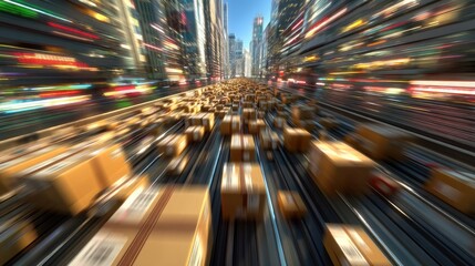 Fast-moving package surrounded by glowing data points illustrates AI-driven logistics in a dynamic global delivery network
