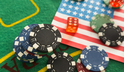 Casino. Gambling in the United States. poker chips, usa flag on blackjack table
