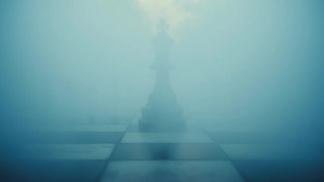 Mystical chess piece emerges in fog. A lone chess piece stands shrouded in thick fog, creating an air of mystery and intrigue in this quiet setting.