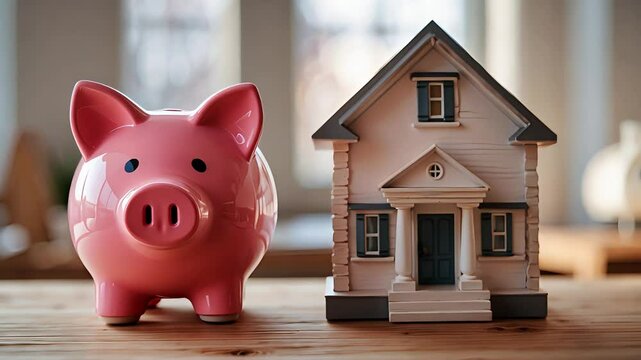 Piggy Bank and Miniature House on a Wooden Table, Concept of Saving for Home Ownership

