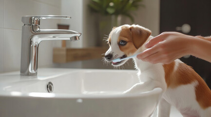 Grooming jack russell terrier puppy with bamboo toothbrush near bathroom sink, focusing on dental health care routine