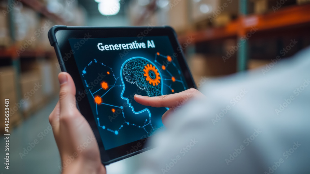 Poster concept of generative ai technology explained on digital tablet with user interaction in modern ware