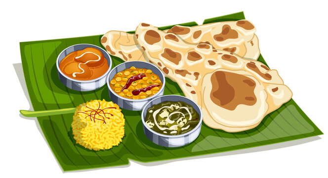 Zarda, Saag Paneer, Chana Dal and Malai Kofta Served with Naan on Banana Leaf. Traditional Indian Sadhya Cuisine Detailed Illustration