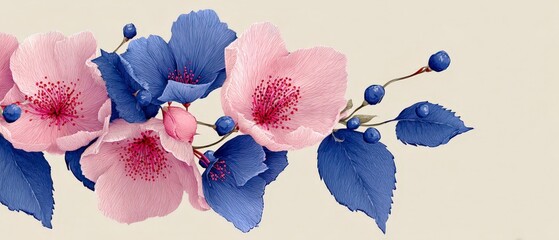 Elegant Pink   Blue Flower Garden  Botanical Illustration  Floral Design  Nature Print   A