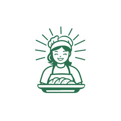 Fototapeta premium Smiling female baker holding a tray of bread with rays of light vector illustration