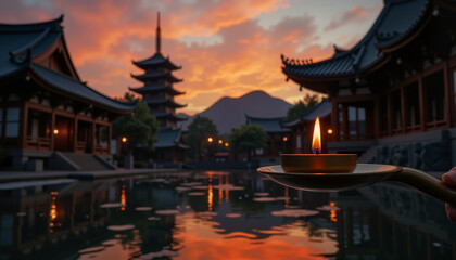 Obraz premium Pagoda silhouette and Floating candles at sunset in serene setting 