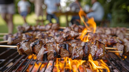 shish kebab skewer on the grill, grilling meat, meat skewer, picnic, party, Barbeque with friends outdoors, HD Wallpaper, banner