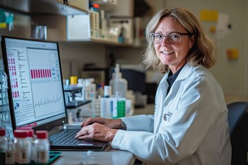 A female scientist is working on a laptop in a laboratory, using digital technology for research and data analysis. A middle-aged woman wearing a white lab coat is sitting at a desk with a computer.