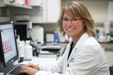 A female scientist is working on a laptop in a laboratory, using digital technology for research and data analysis. A middle-aged woman wearing a white lab coat is sitting at a desk with a computer.