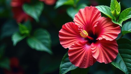 Fototapeta premium Intricate hibiscus blossoms, vibrant hues, lush leaves , pattern, design, green