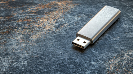Silver USB drive on textured stone background