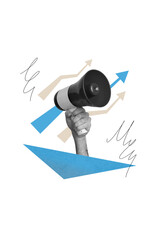 Vertical creative composite photo collage of human hand hold loudspeaker talking motivational...