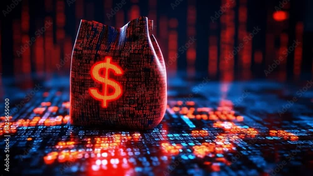 Poster digital wallet with binary code design. a digital wallet displaying a glowing dollar sign among flow