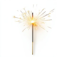 A single burning sparkler, isolated on a pure white background, displays bright, radiating lines of light and sparks creating a festive and celebratory image perfect for design