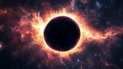 Obraz premium Black planet glowing amidst nebulae; celestial event in dark cosmic background