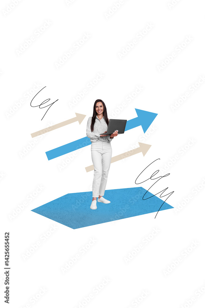 Aufkleber Collage 3d sketch poster of happy professional worker successful lady using modern netbook device isolated on drawing background
