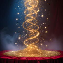 Obraz premium Mesmerizing Crimson Stage Bathed in Golden Spotlights with Twinkling Sparkles Cascading Gently in Dreamlike Motion