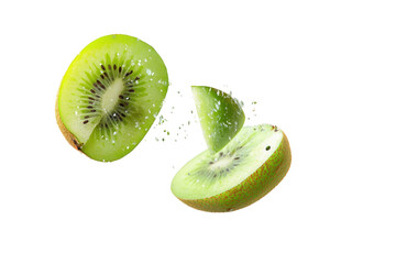 Juicy kiwi halves appear to fall or float in mid air on white background studio image