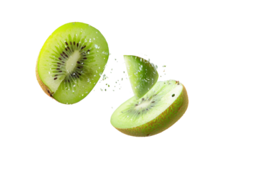 Juicy kiwi halves appear to fall or float in mid air on white background studio image
